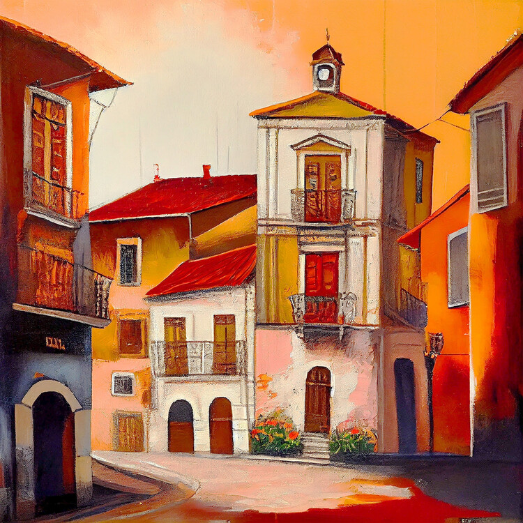 Plakat Beautiful Vintage old European village, warm colors painting
