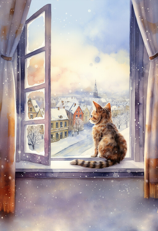 Poster Kitty in the Window, Winter Painting