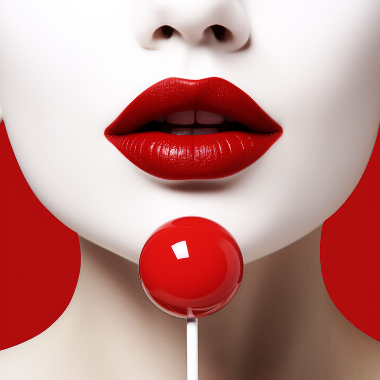 Poster White teeth, Woman licking lollipop painting, minimalism art