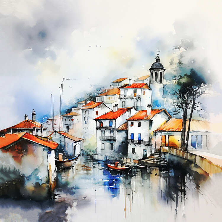 Plakat Abstract watercolor storytelling, Village Street painting