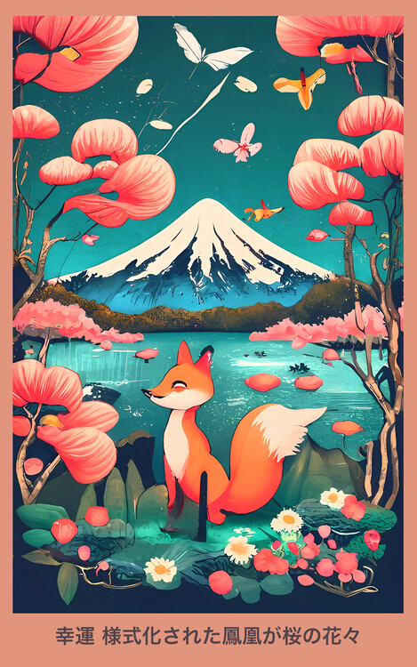 Poster A Glimpse of Japan: Mount Fuji, Fox and Good Fortune