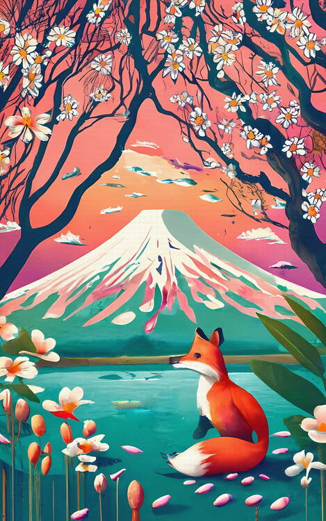 Poster Fox and the Majesty of Mount Fuji in Japan | Naif