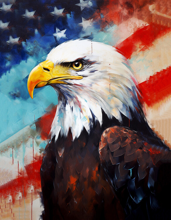 Poster Eagle & American flag, abstract oil background, art prtins
