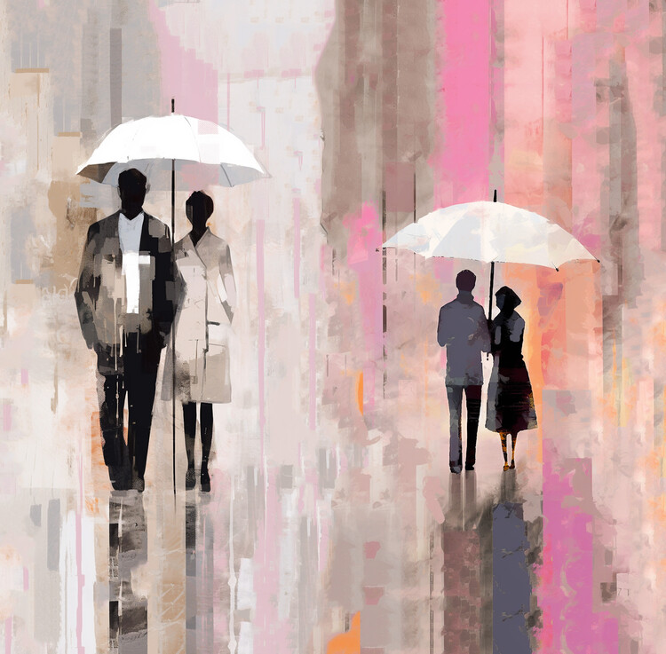 Poster Ethnic couple with umbrella, abstract oil painting for sale
