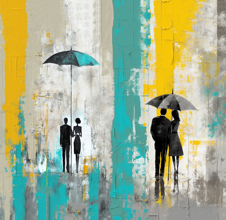 Poster Couple in love under umbrella, abstract painting for sale