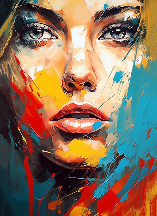 Poster Beautiful woman portrait drawing, expressionism style