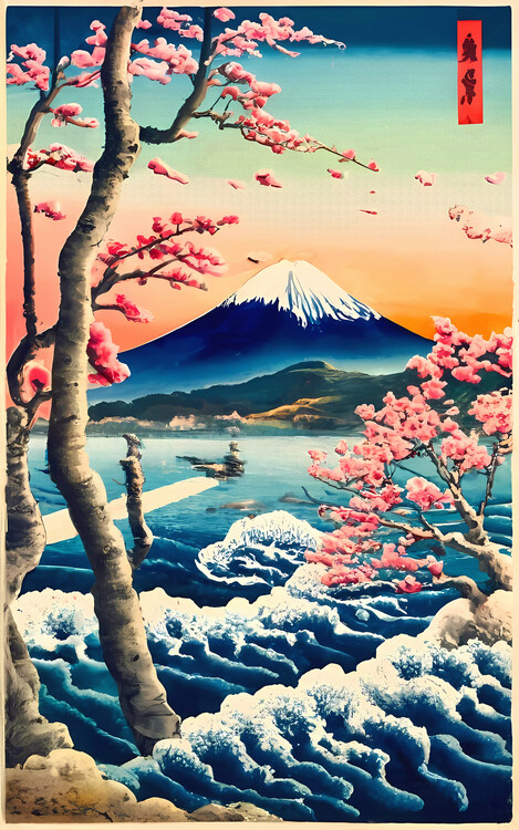 Poster Traditional Japanese Landscape - Mount Fuji and Cherry trees