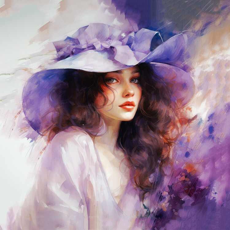 Poster Woman portrait painting, Purple hat fashion, art prints