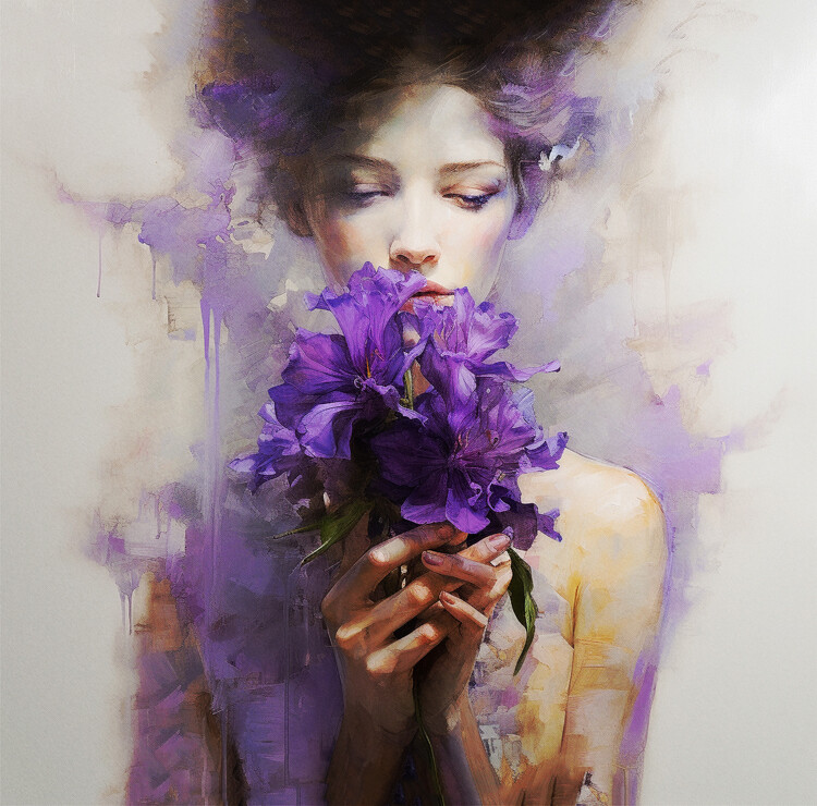 Poster Purple flowers in hands, beautiful girls, posters prints
