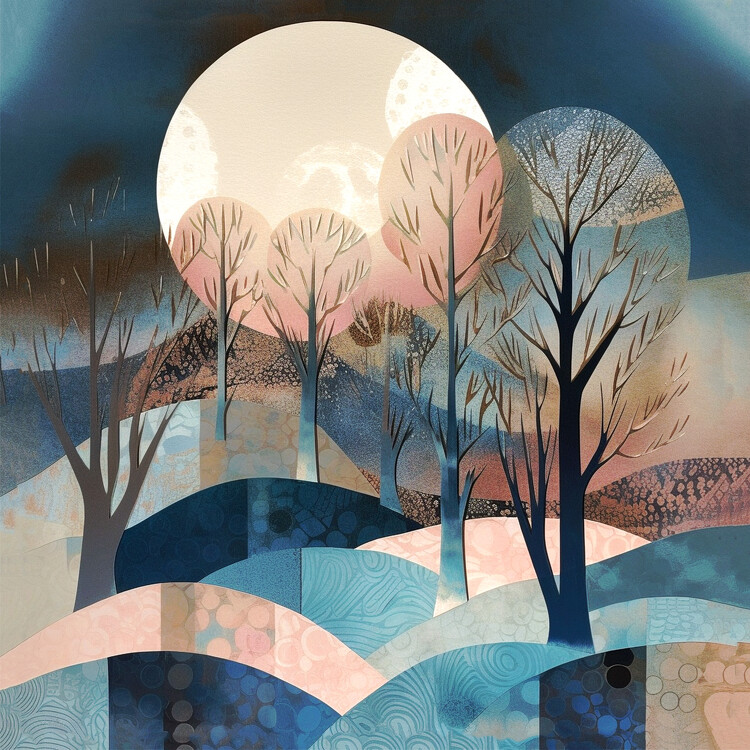 Plakat Abstract landscape, large moon muted blue pink cream