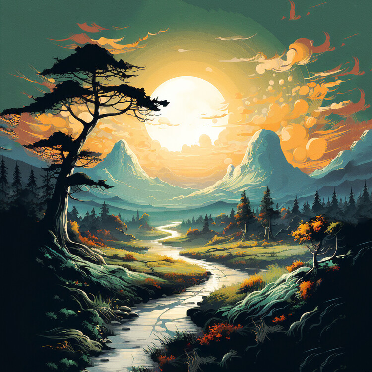 Poster Landscape at sunrise, mountains & forests, poster art prints