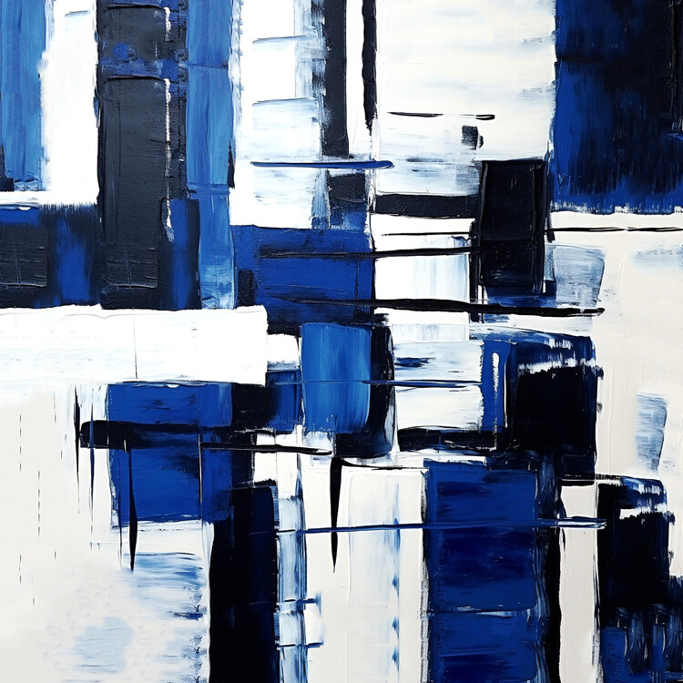 Poster Abstract expressionism geometric grid black white & blue