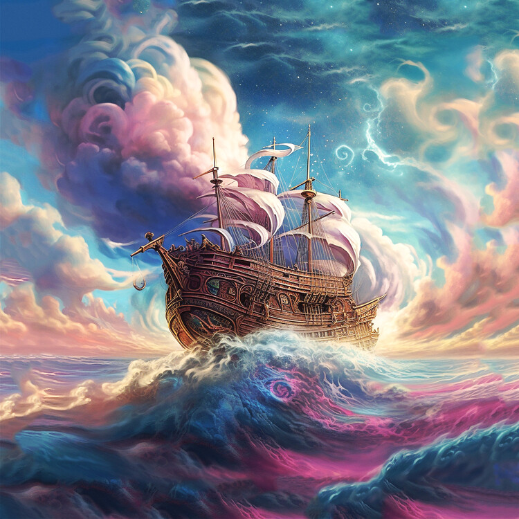 Canvastavla Boat sailing on waves abstract surreal clouds and sky
