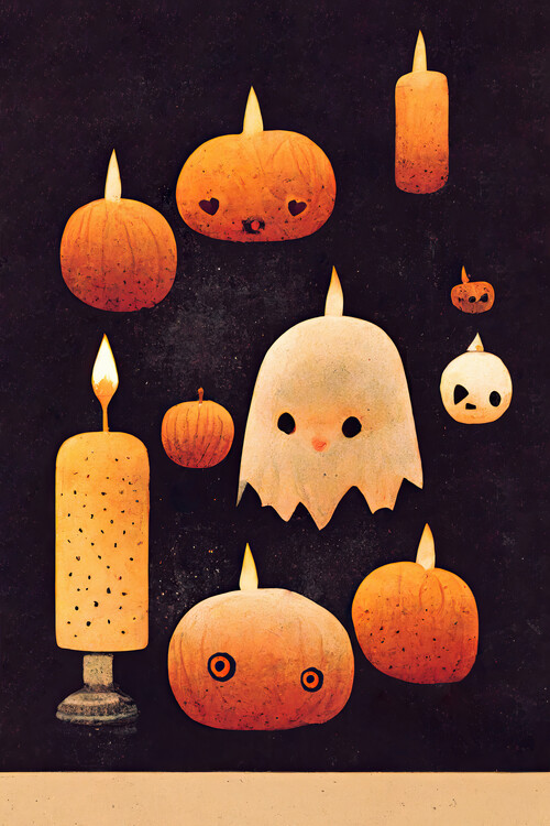 Canvas Print Candles, Pumpkins And A Ghost