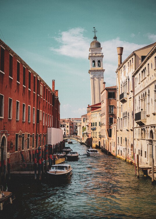 Poster Venice canals boats italy tower church in color