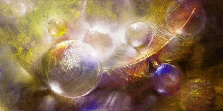 Poster Feather and glassballs - yellow and purple