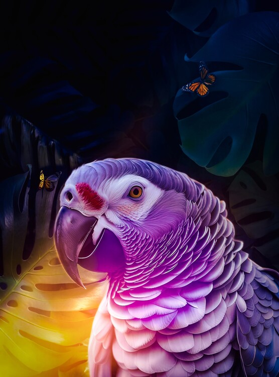 Plagát Pink Parrot in a Tropical Jungle
