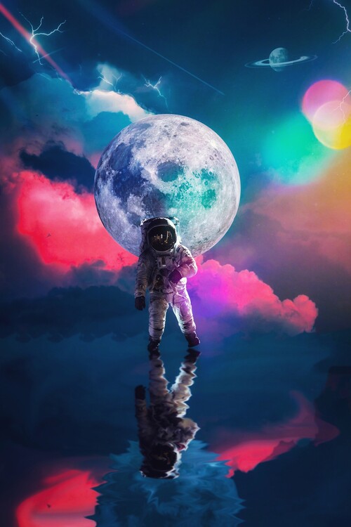 Plagát Astronaut and Moon Reflection Water