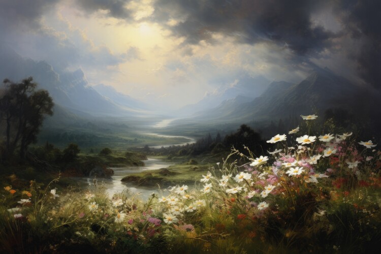 Poster Sunlit Valley Blossoms Alpine Serenity