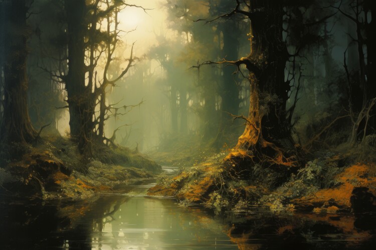 Poster Twilight Mist Forest Stream