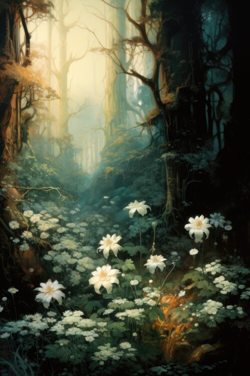 Poster Woodland Dawn Blossoms Ethereal Light