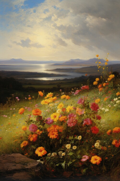 Poster Lakeside Floral Sunrise Vibrant View