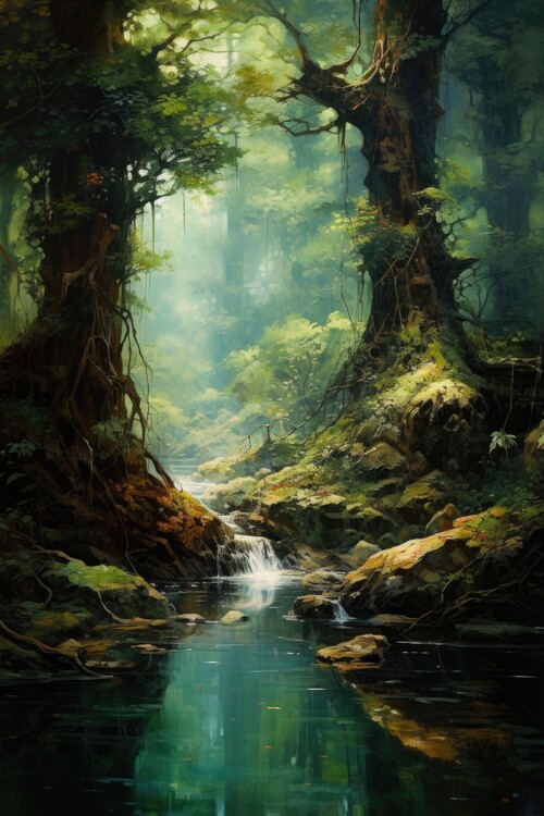 Poster Sunbeam Jungle Falls Verdant Refuge