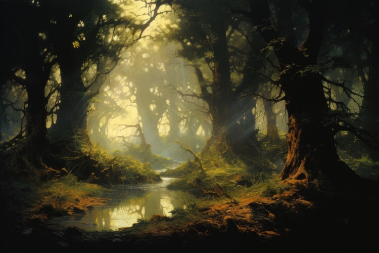 Poster Mystic Sunlit Forest Scene