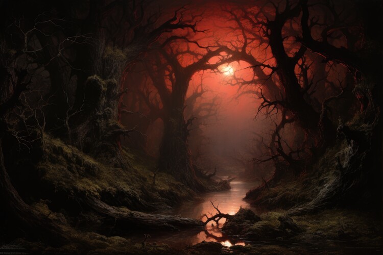 Poster Crimson Forest Twilight Mystic River