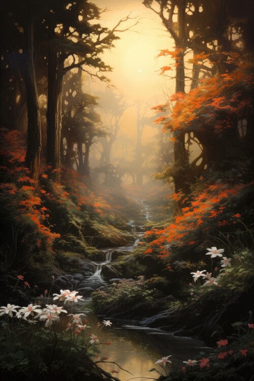 Poster Autumn Creek Glow Forest Sunrise