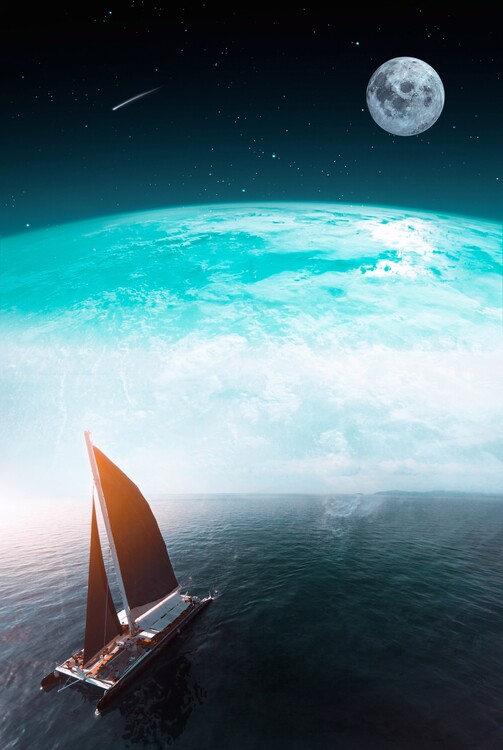Plagát Boat on the ocean of the blue planet earth