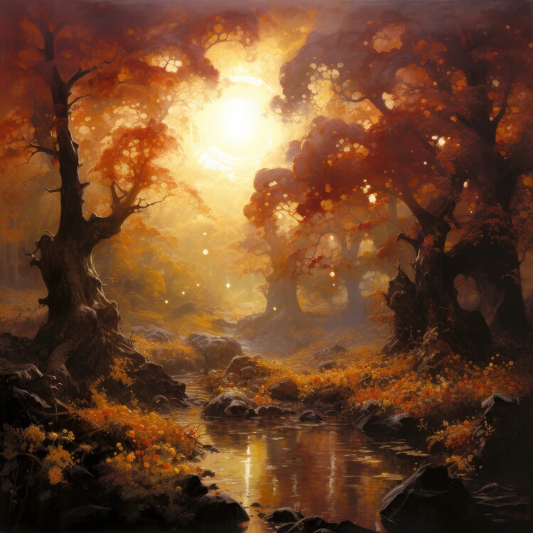 Poster Autumn Forest Sunbeam Stream
