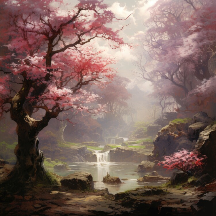 Poster Cherry Blossom Waterfall Idyll