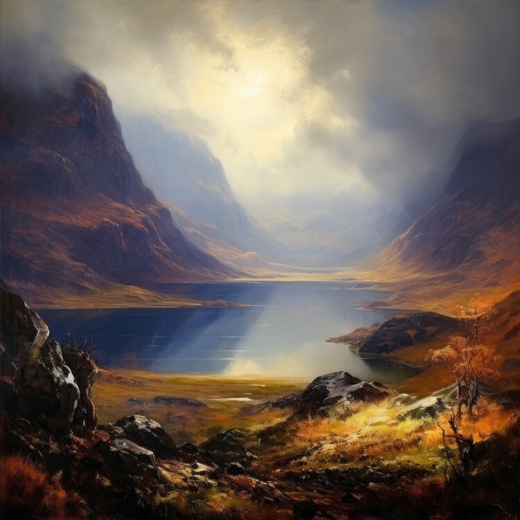 Canvastavla Highland Valley Sunbeams on Lake
