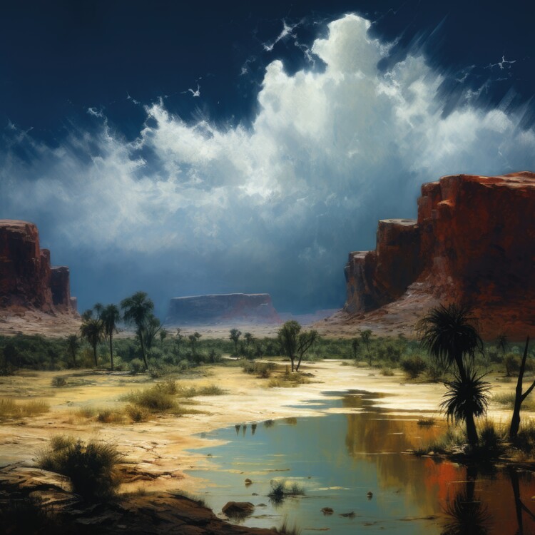 Poster Moonlit Oasis in Rugged Desert