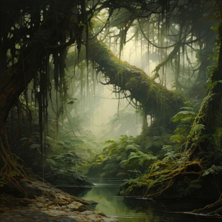 Poster Misty Jungle Stream Canopy
