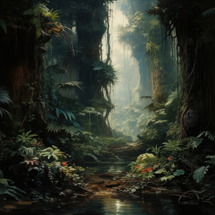 Poster Lush Jungle Creek at Dusk