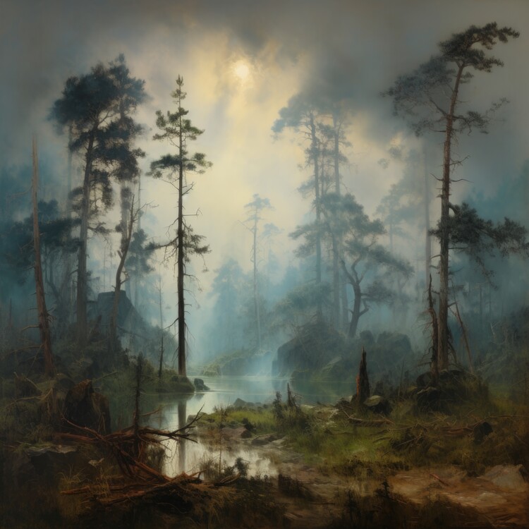 Poster Misty Pine Forest Creek