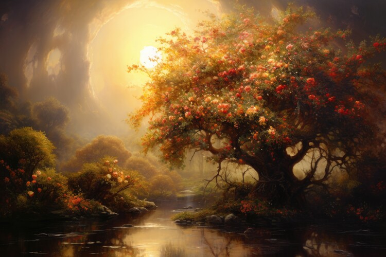 Poster Enchanted Bloom River Landscape