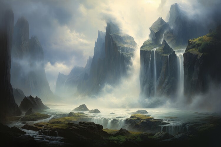 Poster Majestic Mountain Waterfall Scene