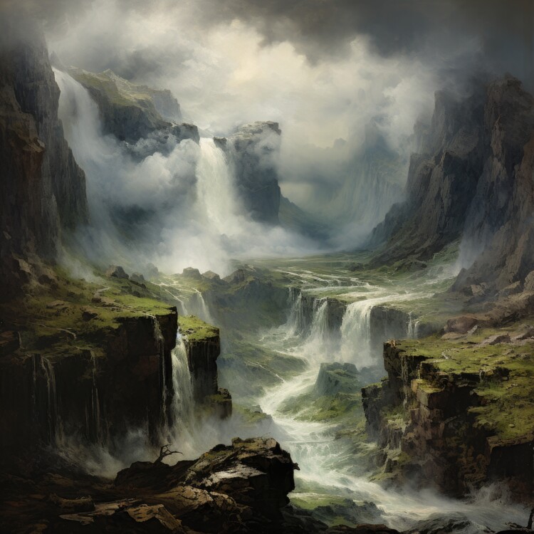 Poster Majestic Waterfalls in Misty Cliffs