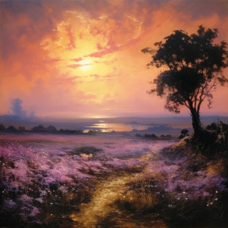 Poster Sunset Path Through Flower Fields