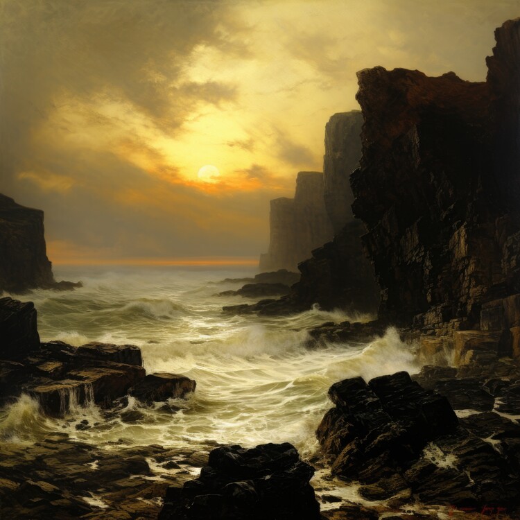 Poster Sunset Waves by Rugged Cliffs