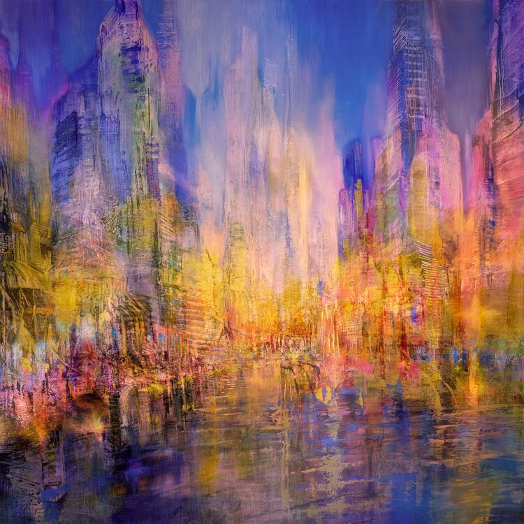 Póster The city on the river side - golden evening light