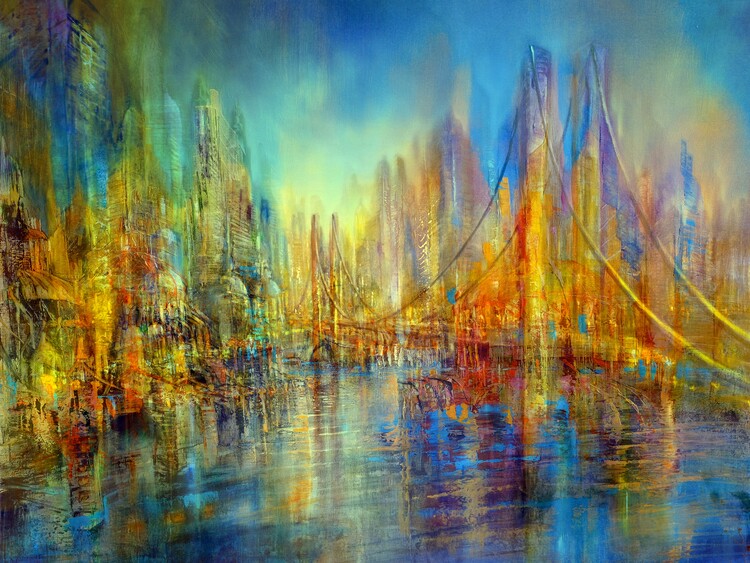 Póster The city at the river side - suspension bridge