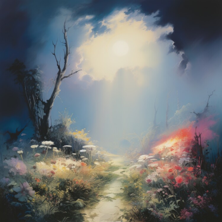 Poster Sunlit Floral Path Painting