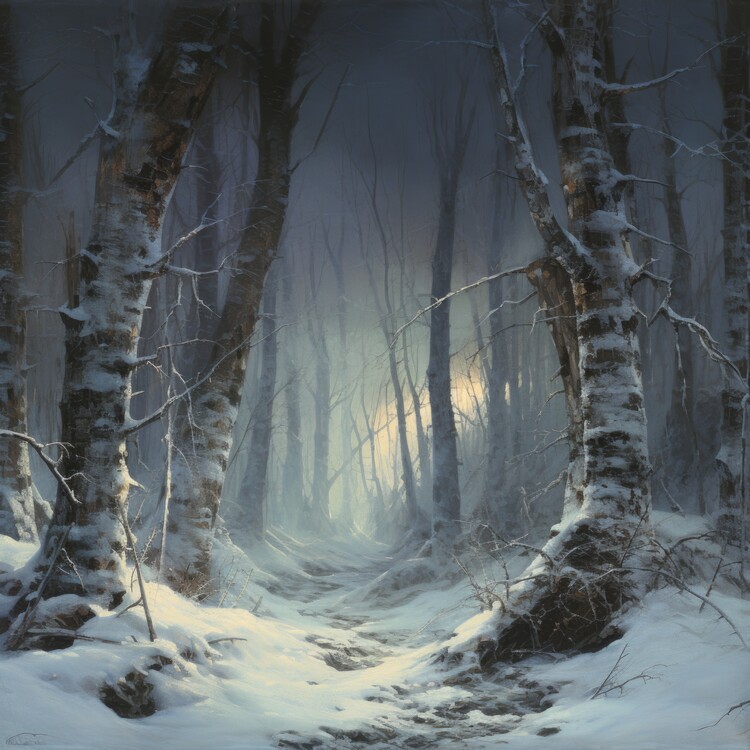 Poster Wintry Birch Forest Path