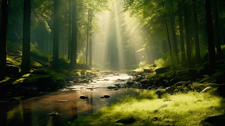 Poster A stream running through a lush green forest
