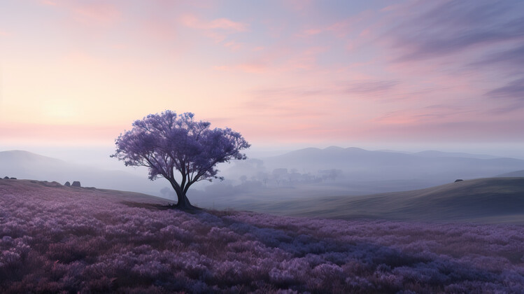 Poster A lone tree in the middle of a lavender field