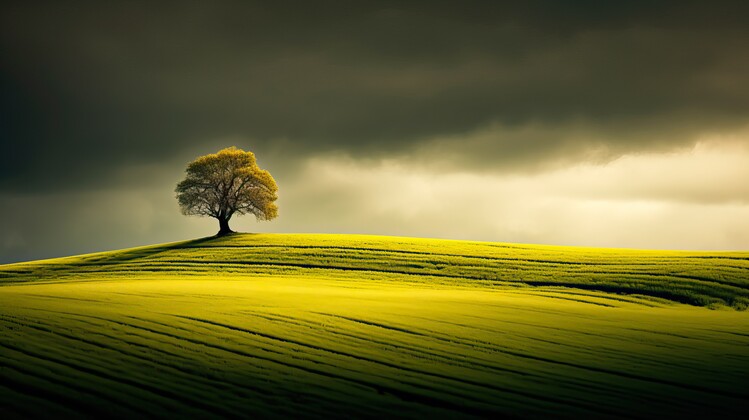 Poster A lone tree on a green hill under a cloudy sky